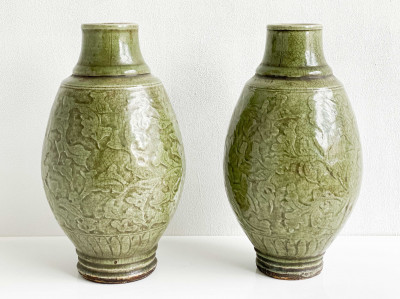 Image for Lot Pair of Chinese Ming Style Celadon Glazed Ceramic Vases