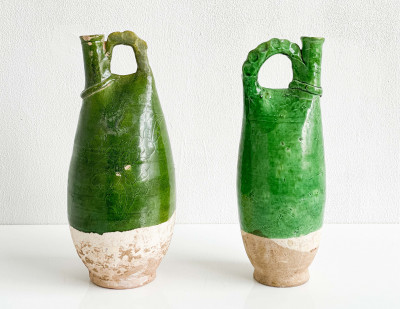 Chinese Liao Style Dark Green Glazed Ceramic Flasks