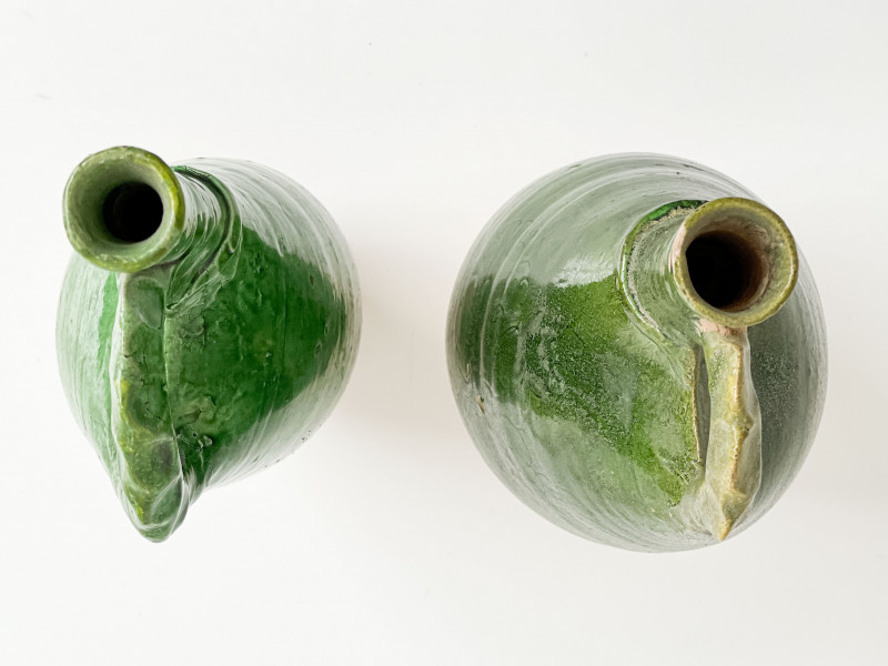 Chinese Liao Style Dark Green Glazed Ceramic Flasks