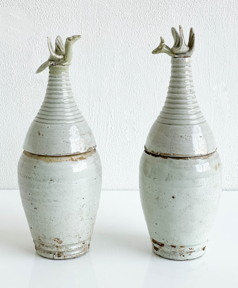 2 Chinese Song Style Ceramic Covered Funerary Vessels