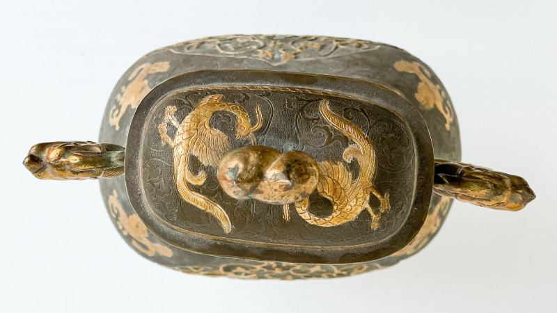Chinese Parcel Gilt Bronze Vessel and Cover, Hu