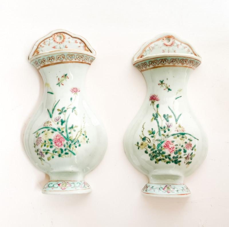 Pair of Chinese Porcelain Famille Rose Wall Pockets