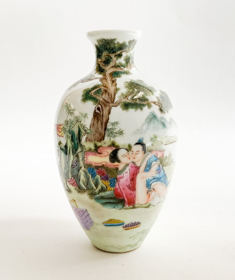 Chinese Enamel Decorated Porcelain Vase with Erotic Imagery