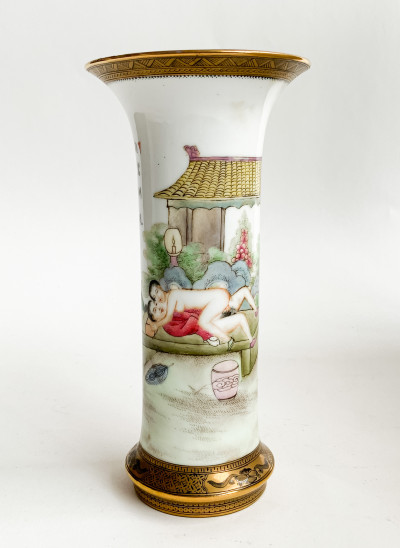 Image for Lot Chinese Enamel Decorated Porcelain Gu Vase with Erotic Imagery