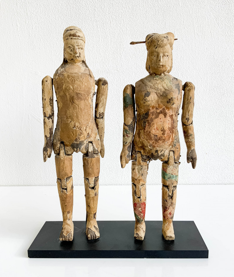 2 Chinese Polychrome Carved Wood Articulated Puppets