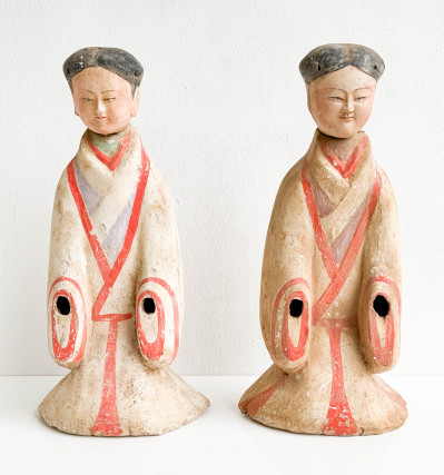 Image for Lot Pair of Chinese Painted Pottery Kneeling Figures of Attendants