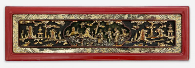 Image for Lot Chinese Painted and Gilt Lacquer Carved Wood Panel