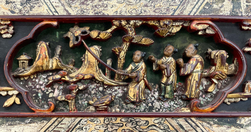 Chinese Painted and Gilt Lacquer Carved Wood Panel