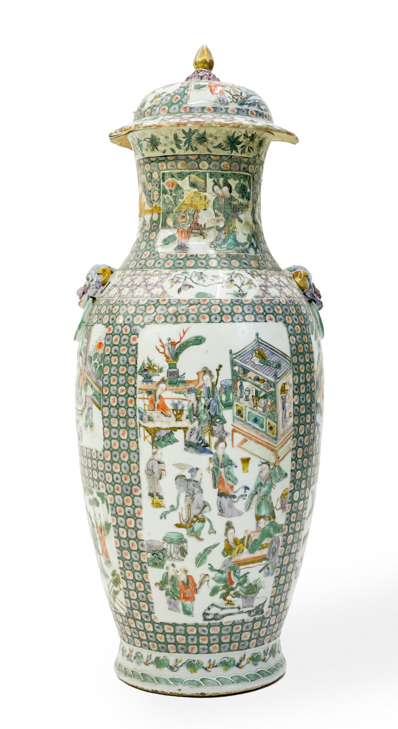 Chinese Porcelain Famille Rose Tall Covered Urn (damaged)