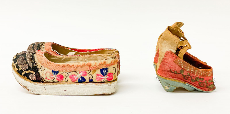 Two Pairs of Chinese Embroidered Silk Ladies Shoes