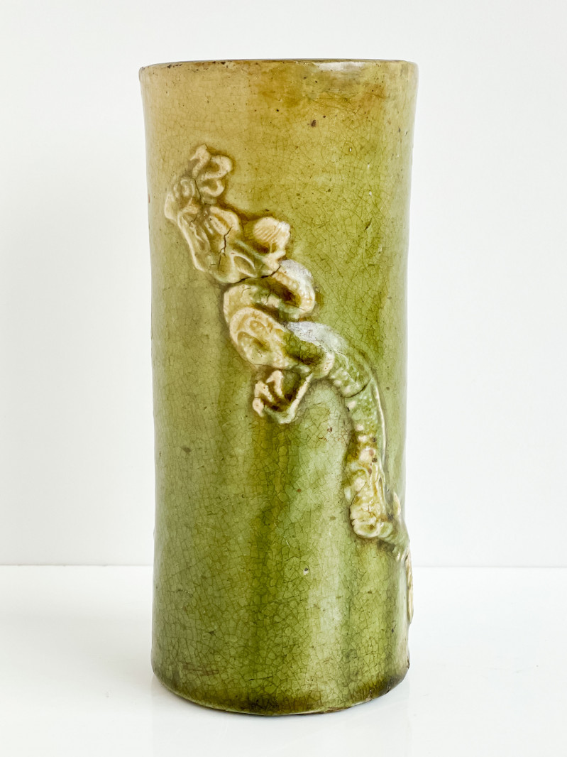 Chinese Cylindrical Green Glazed Ceramic Vase