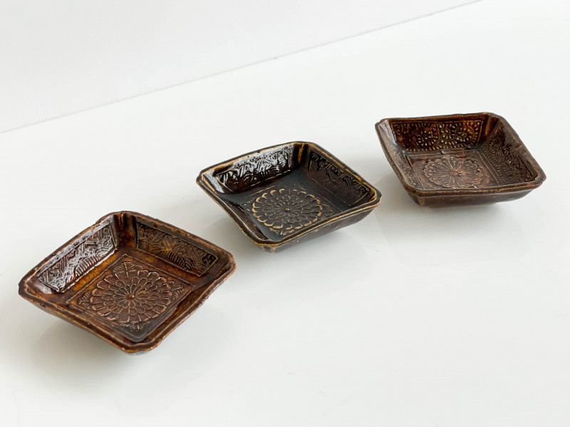 3 Chinese Brown Glazed Molded Ceramic Dishes