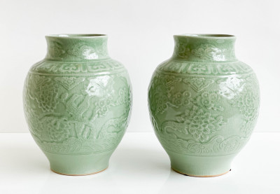 Image for Lot Pair of Thai Ovoid Celadon Vases
