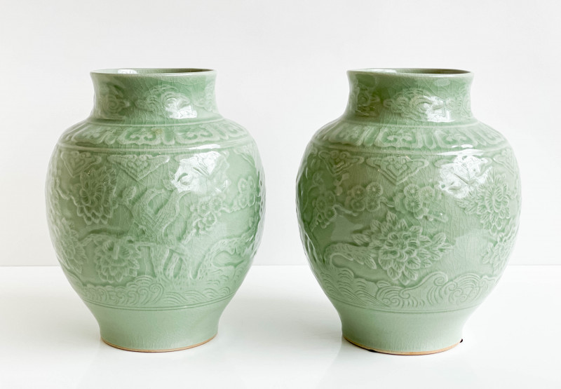 Pair of Thai Ovoid Celadon Vases