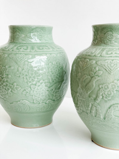 Pair of Thai Ovoid Celadon Vases