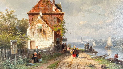 Charles Henri Joseph Leickert - Figures Strolling by a Dutch Canal