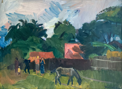 Jenö Benedek - Untitled (Farm Scene with Figures and Horse)