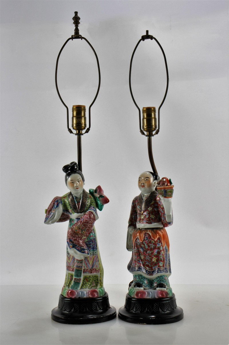 Pair of Canton Porcelain Figural Lamps