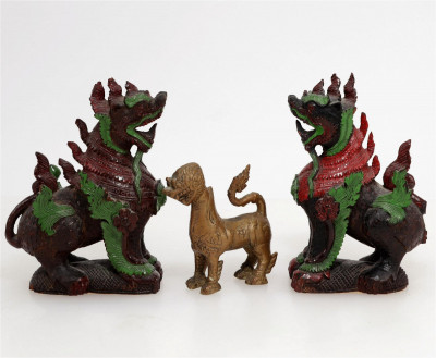 Image for Lot Pair of Carved Wood Burmese Chinthe Figures