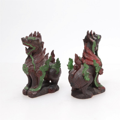 Pair of Carved Wood Burmese Chinthe Figures