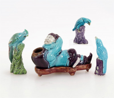 Image for Lot Chinese Porcelain Birds & Reclining Figure