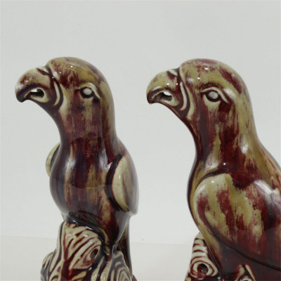 Pair of Chinese Flambe Glazed Porcelain Parrots