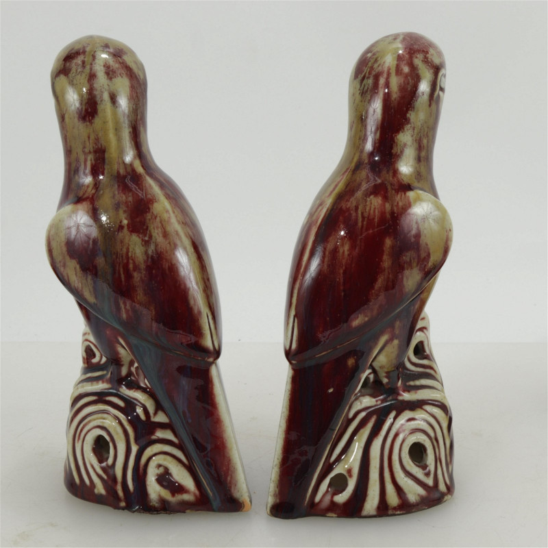 Pair of Chinese Flambe Glazed Porcelain Parrots