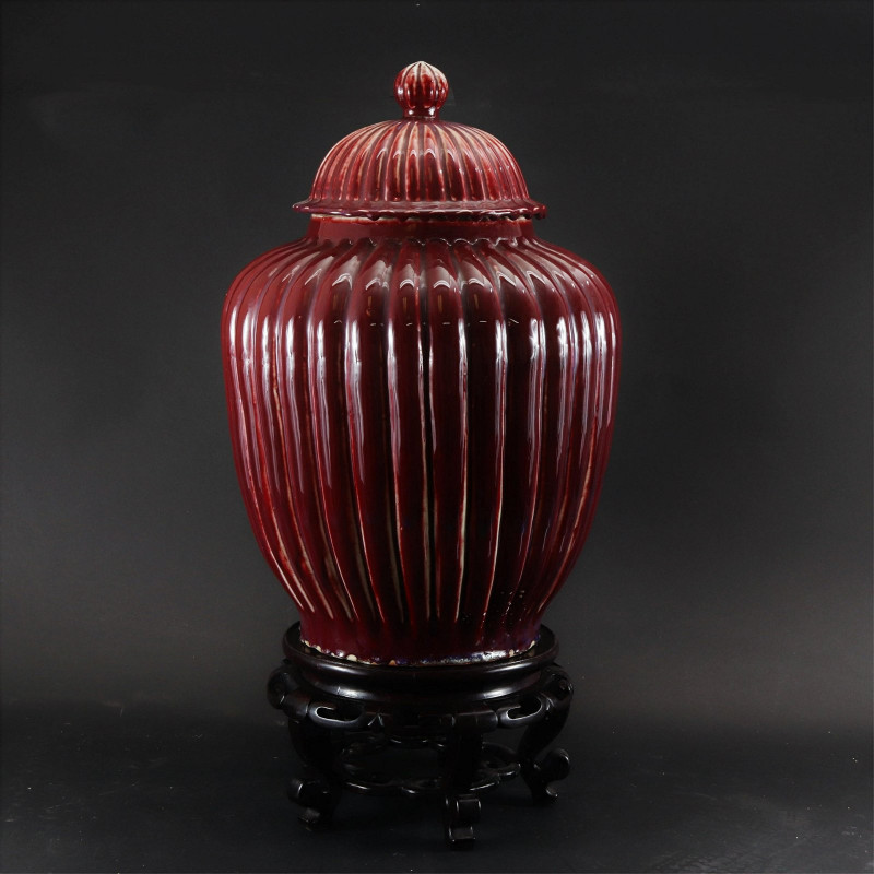 Large Chinese Lidded Flambe Fluted Jar