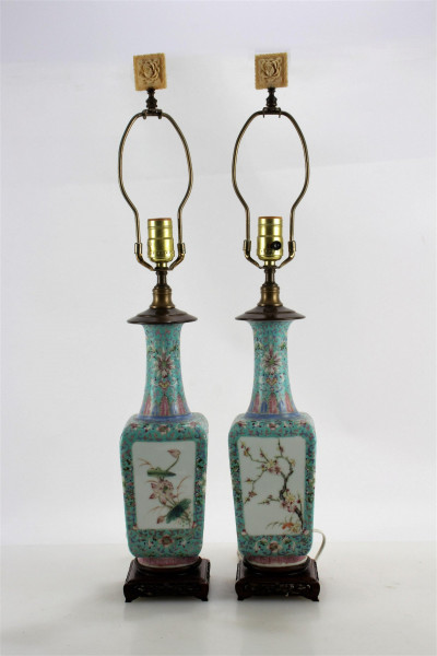 Image for Lot Pair Chinese Famille Rose Square Vases as Lamps