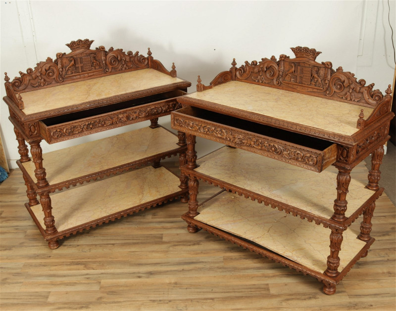 Pair of Jacobean Style Carved Oak Servers
