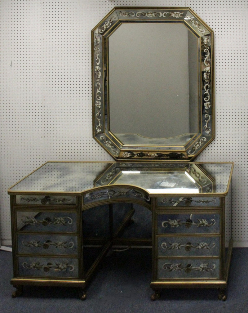 Rococo Style Gold Painted Eglomise Desk & Mirror