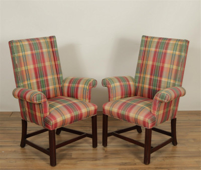Pair Contemporary Styled Upholstered Wing Chairs