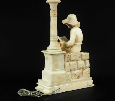 Carved Marble Figure of Boy Reading Table Lamp
