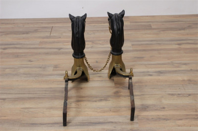 Cast Iron and Brass Horse Equestrian Andirons