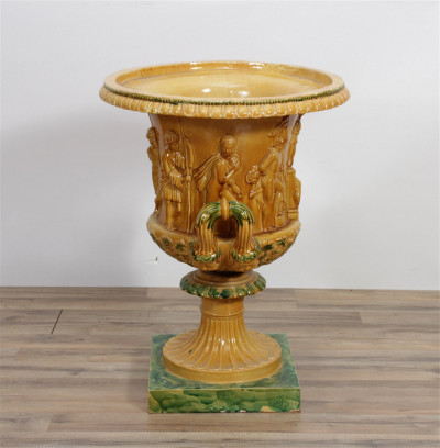 Neo-Classical Gold & Green Glazed Ceramic Urn