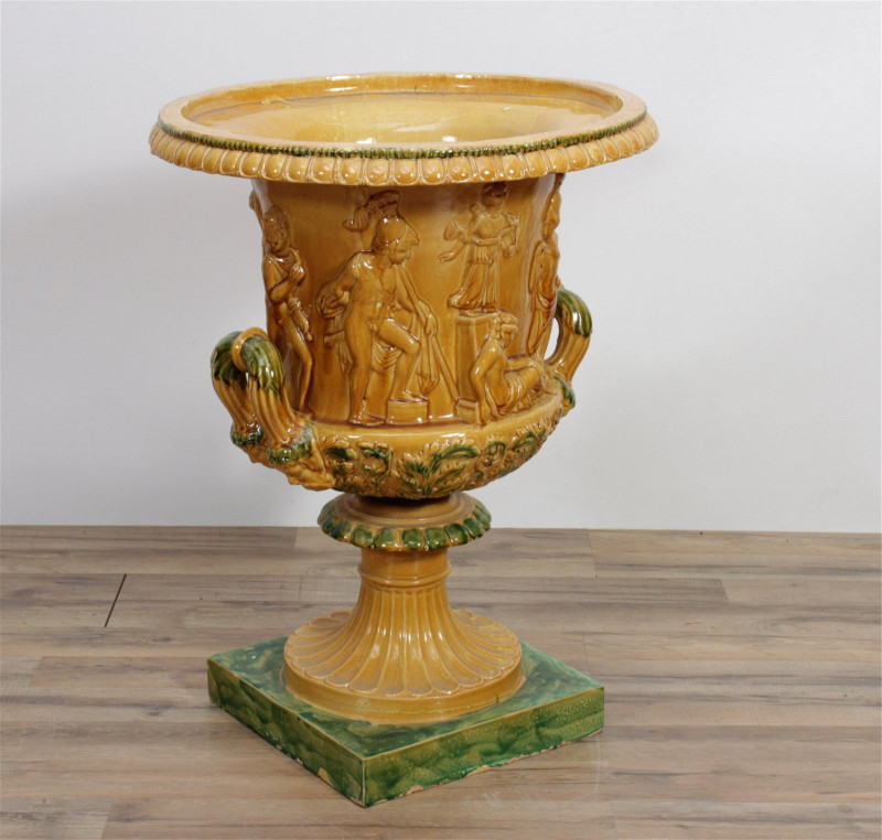 Neo-Classical Gold & Green Glazed Ceramic Urn