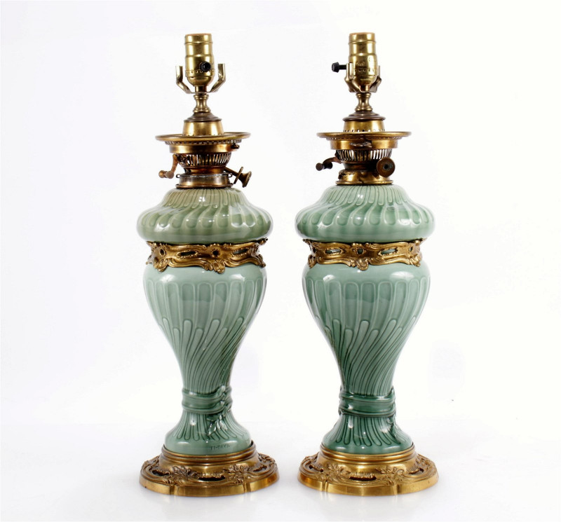 Pair of Hinks & Sons Green Ceramic Oil Lamps
