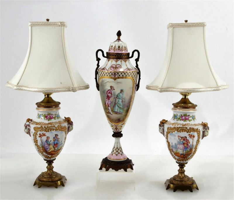 Pair of French Porcelain Lamps & Urn