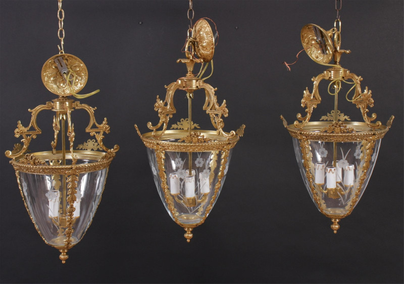 Set of 3 Louis XVI Style Etched Glass Lanterns