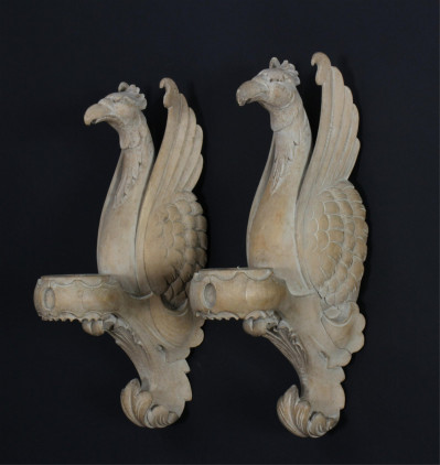 Image for Lot Pair of Carved Fruitwood Eagle Sconces