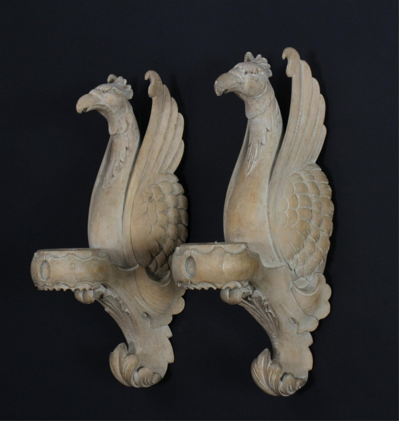 Pair of Carved Fruitwood Eagle Sconces