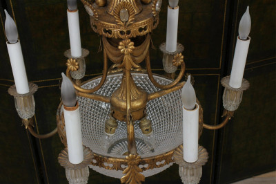 Six Light Gilt Metal and Pressed Glass Chandelier