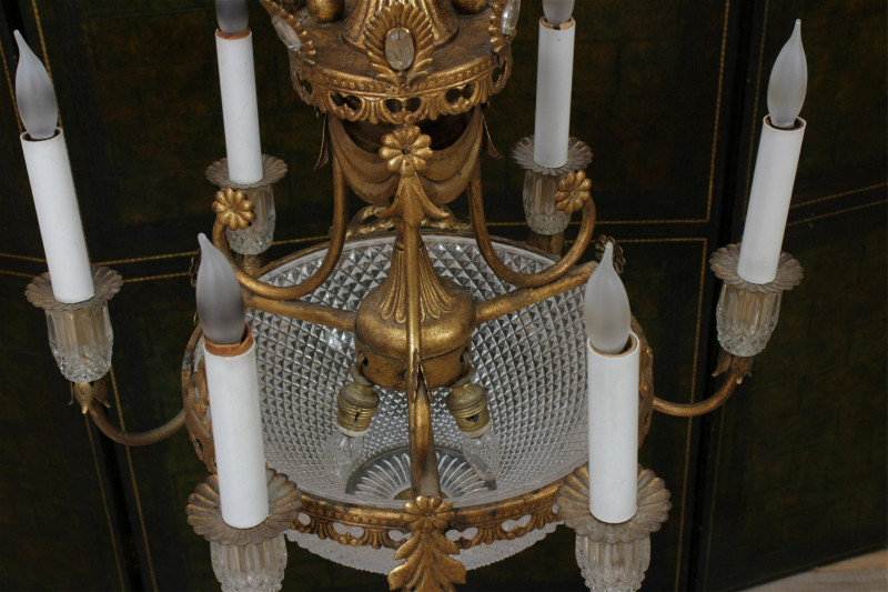Six Light Gilt Metal and Pressed Glass Chandelier