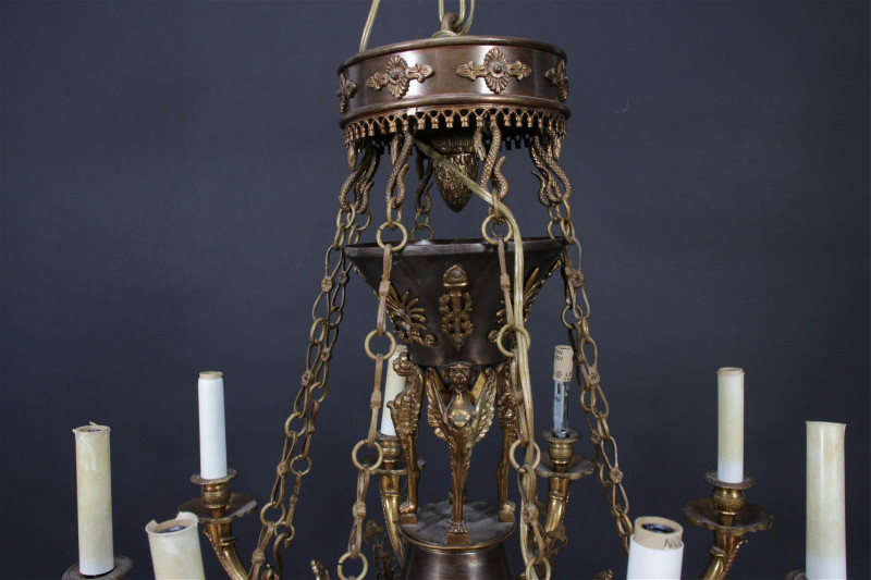 Empire Style Patinated Brass 8-Light Chandelier