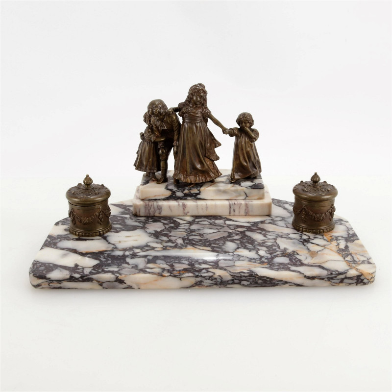 Louis XVI Style Marble & Bronze Figural Inkwell