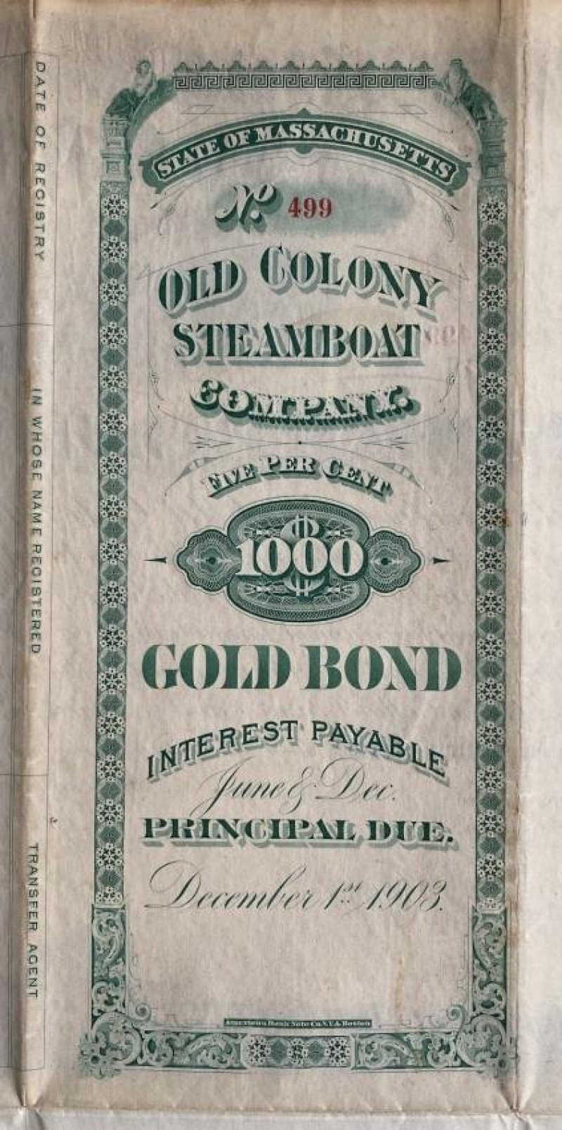Unused 1893 Bond Old Colony Steamboat Company