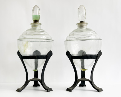 Image for Lot Pair of Large Apothecary Jars with Metal Stands