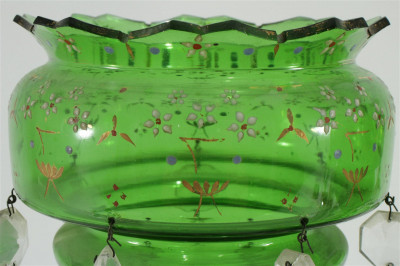 Pair Bohemian Enameled Green Glass Lusters
