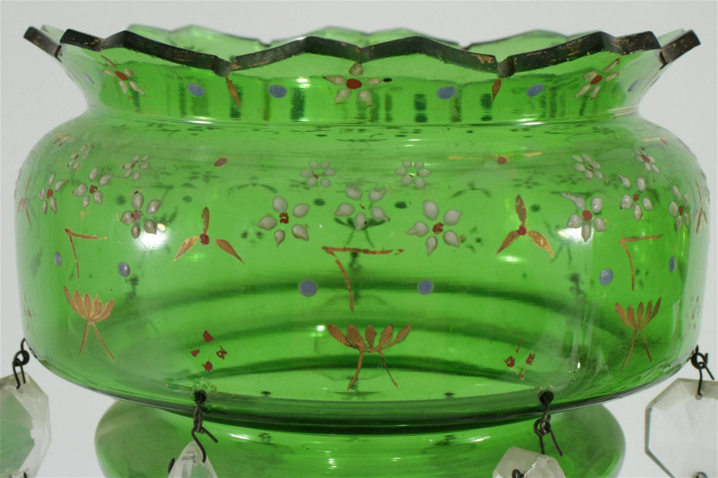Pair Bohemian Enameled Green Glass Lusters