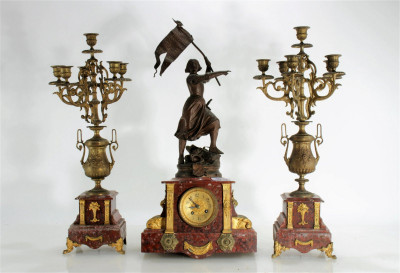 Japy Freres Gilt Brass & Marble Clock Garniture